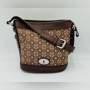 Fossil ‘Maddox’ Brown Leather and Patterned Canvas Crossbody Bucket Bag, Zip Top